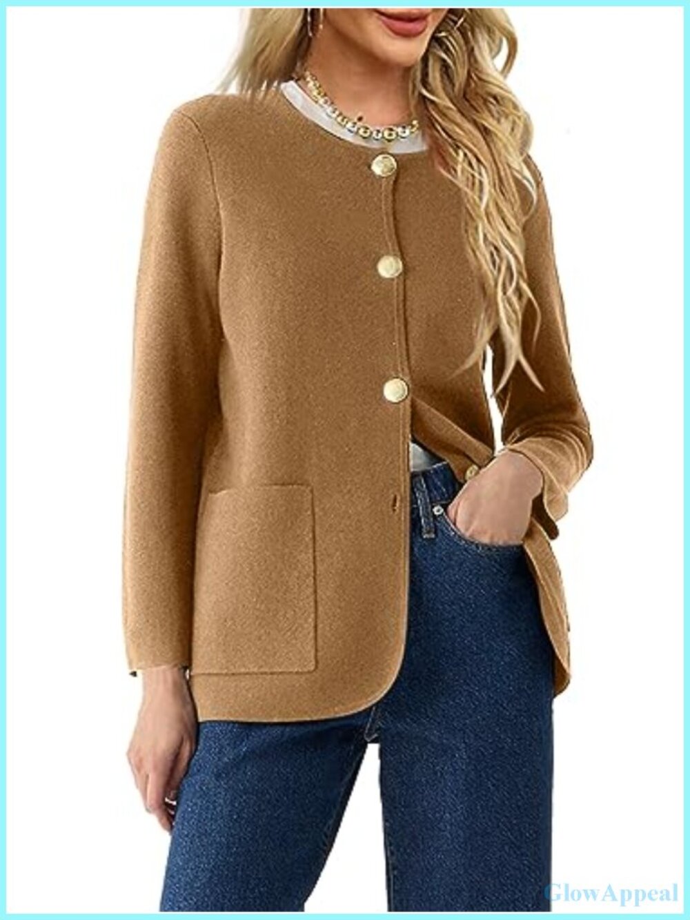 Womens Crew Neck Button Down Cardigan Sweater Blazer Long Sleeve Knit Jacket